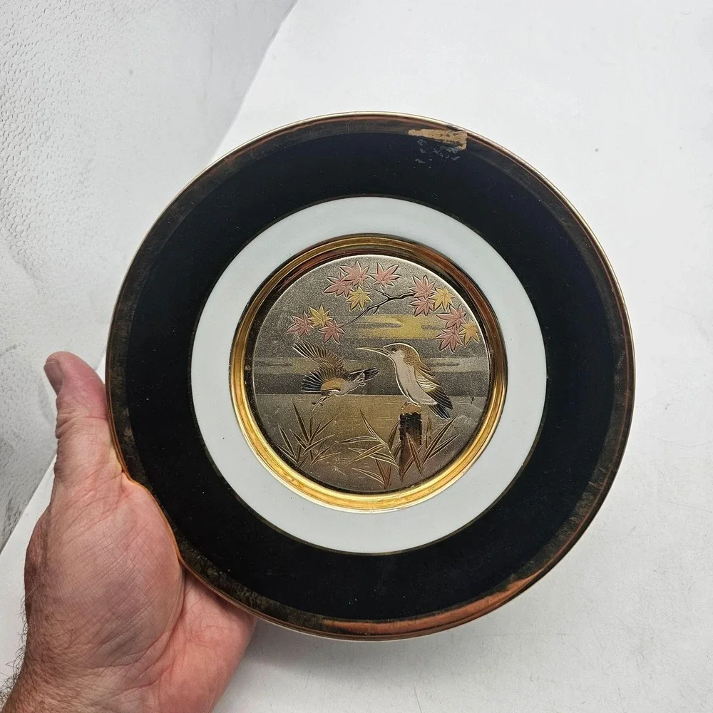 Vintage The Art Of Chokin Bird Leaves Plate Black Rim 24K Gold Edged Japan